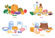 Proteins and carbs dietary food. Fiber and fats, organic grains and dairy, vegetables and fruits flat cartoon set. Food fiber protein nutrients, meat and cheese nutrition dieting eating complex