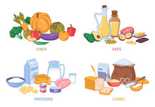 Proteins And Carbs Dietary Food. Fiber And Fats, Organic Grains And Dairy, Vegetables And Fruits Flat Cartoon Set. Food Fiber Protein Nutrients, Meat And Cheese Nutrition Dieting Eating Complex
