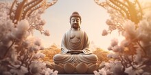 Serene Buddha Amitabha Statue Amidst Shimmering Garden Lights - 3D Rendered Mascot Design