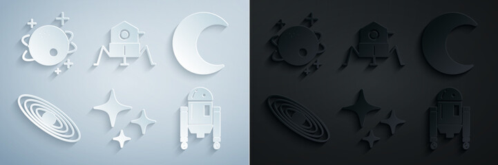 Poster - Set Falling star, Moon and stars, Planet, Robot, Mars rover and icon. Vector