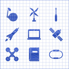 Canvas Print - Set Laptop, User manual, Smartwatch, Satellite, Drone flying, Rocket ship with fire, Screwdriver and Social network icon. Vector