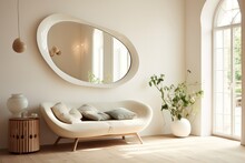 Modern Living Room Hall Interior With Big Mirror Of Irregular Shape And Sofa.  Minimal Scandinavian Design.