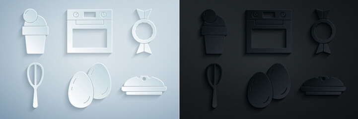 Poster - Set Easter eggs, Candy, Kitchen whisk, Homemade pie, Oven and Ice cream icon. Vector