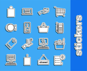 Poster - Set line Paper check and financial check, Shopping basket food, Pos terminal with inserted credit card, Human hand holding, Mobile phone shopping cart, Signboard hanging, bag and icon. Vector