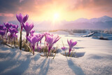 Fototapeta Natura - Nature lighting of spring landscape with first purple crocuses flowers on snow in the sunshine and beautiful sky. Life or nature botanical concept.