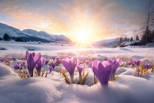 Nature Lighting Of Spring Landscape With First Purple Crocuses Flowers On Snow In The Sunshine And Beautiful Sky. Life Or Nature Botanical Concept.