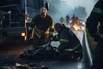 Two firemen are seen working on a car that has been involved in an accident. This image can be used to depict the aftermath of a car crash and the efforts of emergency responders. It can be used in ar