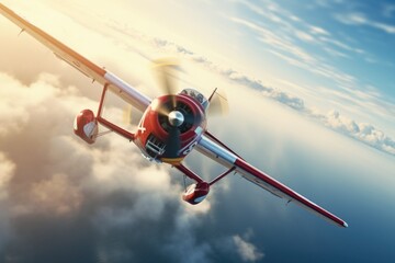 Wall Mural - a compact and straightforward description of a small red and white plane flying through the sky. thi