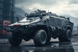 A military vehicle parked in the rain. Suitable for military, army, vehicle, weather, and outdoor themes.