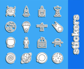 Sticker - Set line Satellite dish, UFO flying spaceship, Comet falling down fast, Space shuttle and rockets, Planet Saturn, Mars, Venus and icon. Vector