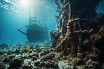 Wall Mural - A picture of a boat floating in the water near a vibrant coral reef. This image can be used to illustrate marine life, snorkeling, diving, or tropical vacations.