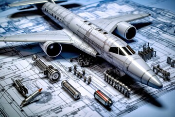 Poster - A model airplane is depicted resting on top of a blueprint. This image can be used to illustrate concepts related to aviation, engineering, design, creativity, or hobbies.