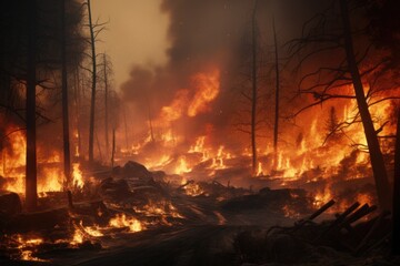 Canvas Print - A raging fire engulfs a dense forest, threatening the trees and wildlife. This image captures the intensity and devastation of a forest fire. It can be used to illustrate the dangers of wildfires or t