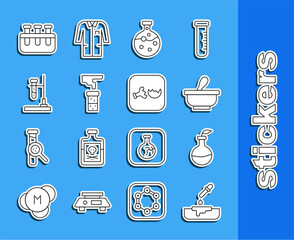 Wall Mural - Set line Petri dish with pipette, Plant breeding, Mortar and pestle, Test tube flask, on fire, and Broken icon. Vector