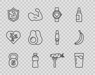 Canvas Print - Set line Weight, Glass with water, Smart watch, Bottle of, Bodybuilder muscle, Avocado fruit, Carrot on fork and Banana icon. Vector