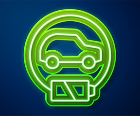 Sticker - Glowing neon line Electric car and electrical cable plug charging icon isolated on blue background. Renewable eco technologies. Vector