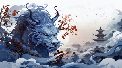 Wall Mural - New Year banner , Happy chinese new year 2024 blue dragon of asian elements with year of the dragon zodiac