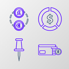 Sticker - Set line Envelope with coin dollar symbol, Push pin, Coin money and Money exchange icon. Vector