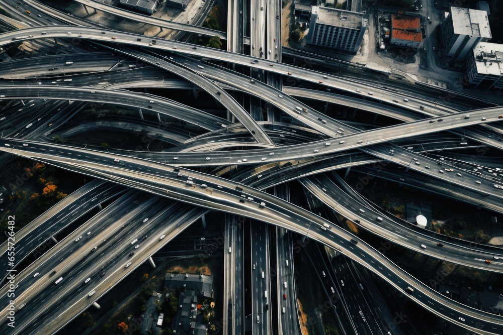 A bird's eye view of a highway intersection with multiple lanes. This image captures the intricate network of roads and the bustling traffic below. Perfect for illustrating transportation, urban plann