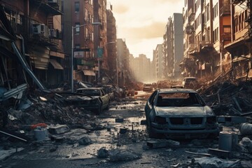 Poster - A bustling city street filled with cars. This image can be used to depict urban life and transportation.