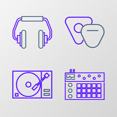 Sticker - Set line Drum machine, Vinyl player with vinyl disk, Guitar pick and Headphones icon. Vector