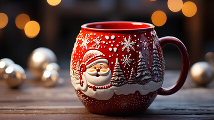 Wall Mural - Cup of hot drink with christmas decoration on wooden background.