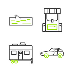 Poster - Set line Car, Rv Camping trailer, Hiking backpack and Wooden log icon. Vector