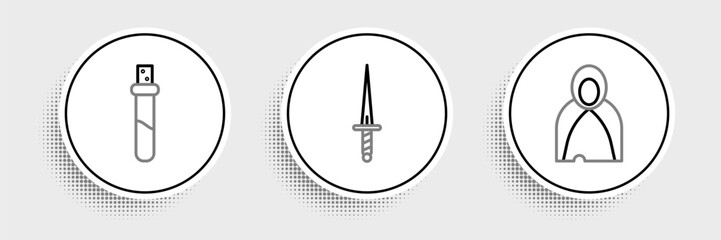 Wall Mural - Set line Mantle, cloak, cape, Bottle with love potion and Dagger icon. Vector