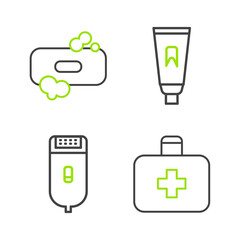 Canvas Print - Set line First aid kit, Electrical hair clipper or shaver, Tube of toothpaste and Bar soap icon. Vector