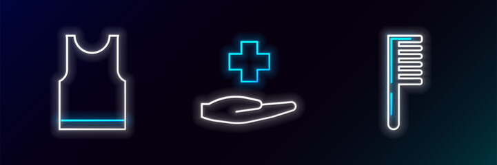 Poster - Set line Hairbrush, Sleeveless T-shirt and Cross hospital medical icon. Glowing neon. Vector