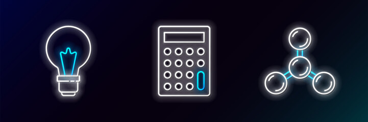 Set line Molecule, Light bulb with concept of idea and Calculator icon. Glowing neon. Vector