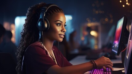 Professional Streamer African young woman cyber gamer studio room with personal computer armchair, keyboard in neon color blur background.