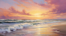 A Spectacular Sunset Over The Ocean, With Shades Of Pink, Orange, And Purple Painting The Sky. Gentle And Soothing Waves Break Softly On The Golden Sandy Beach