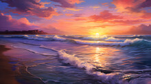 A Spectacular Sunset Over The Ocean, With Shades Of Pink, Orange, And Purple Painting The Sky. Gentle And Soothing Waves Break Softly On The Golden Sandy Beach