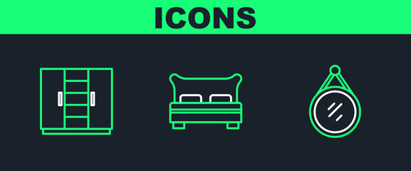 Poster - Set line Mirror, Wardrobe and Big bed icon. Vector