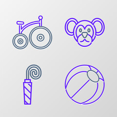 Wall Mural - Set line Beach ball, Birthday party horn, Monkey and Vintage bicycle icon. Vector