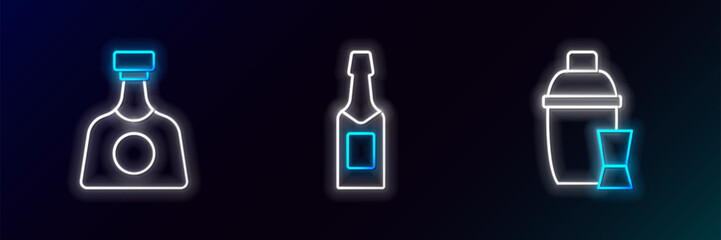 Canvas Print - Set line Cocktail shaker, Tequila bottle and Champagne icon. Glowing neon. Vector