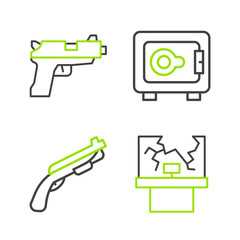 Poster - Set line Broken window, Police shotgun, Safe and Pistol or icon. Vector