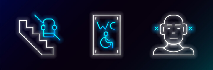 Sticker - Set line Deaf, Disabled elevator and Separated toilet for disabled icon. Glowing neon. Vector