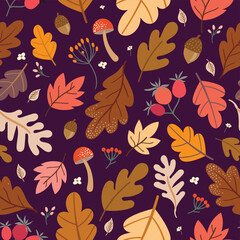 Wall Mural - Autumn seamless pattern with colorful leaves and plants, seasonal background, decorative wallpaper