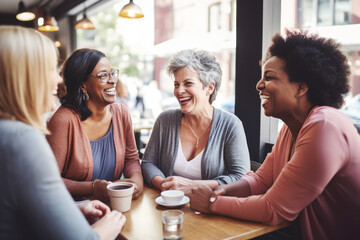 Wall Mural - Happy smiling middle aged female friends sitting in a café laughing and talking during a lunch break