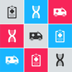 Poster - Set Patient record, DNA symbol and Ambulance car icon. Vector