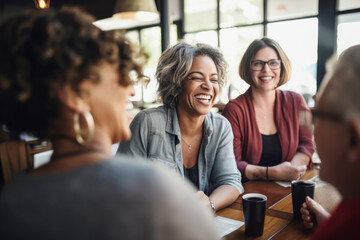 Wall Mural - Happy smiling middle aged female friends sitting in a café laughing and talking during a lunch break