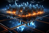 Fototapeta Przestrzenne -  Abstract digital background of a futuristic cityscape with data highways, Generative AI 
