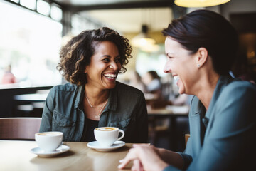 Happy smiling middle aged female friends sitting in a café laughing and talking during a lunch break