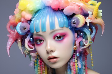 close up portrait of teenage girl wearing colorful make up and hair accessories, street fashion fun style, Generative Ai