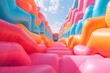 colorful inflatable bounce party rentals, in the style of low-angle, conceptual installations, color fields, spiky mounds, playful and ironic, close up