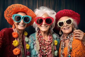 happy senior elderly women best friend are smiling and hugging, traveling, wearing fancy colorful cr