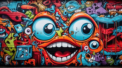Wall Mural - graffiti on wall cartoon design, funny face and alien things, Generative ai
