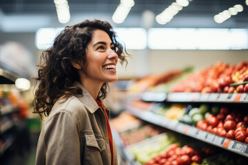 Wall Mural - beautiful woman smiling and shopping in the supermarket